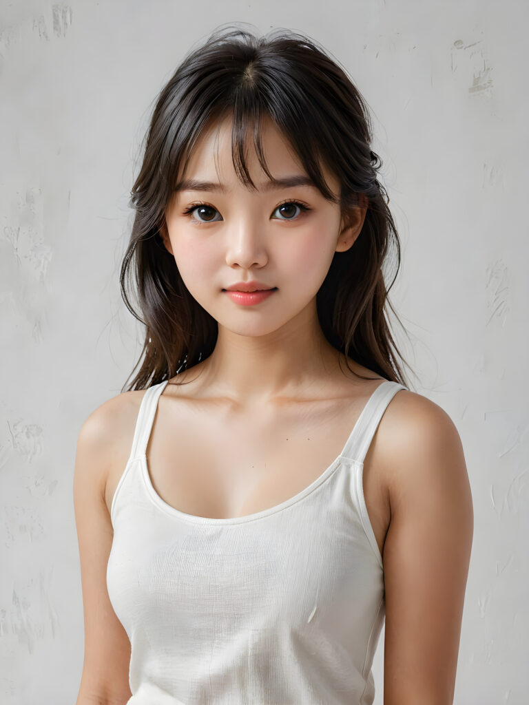 a (((breathtakingly realistic portrait))) capturing the essence of a cute youthful Korean teen girl, 15 years old, warm smile, with a flawlessly proportioned upper body, perfect curved fit body, straight, long, soft black hair in bangs cut, flawless, beautiful smooth skin, round angelic face with full kissable lips, wearing a thin and super sleek tank top, poised confidently against a (((white canvas background)))