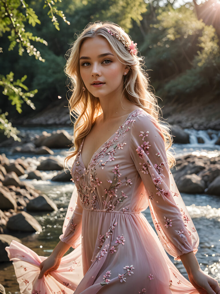 a (((breathtakingly beautiful girl))), with a (((soft, melancholic expression))), standing serenely by a (((flowing river))), where her long, blonde locks gracefully dance with the current, framed by a delicate, flowing dress adorned with a ((delicate pink floral pattern)) that shimmers in the sunlight, with tiny droplets of sparkling water reflecting off her face and flowing hair and butterflies fluttering around