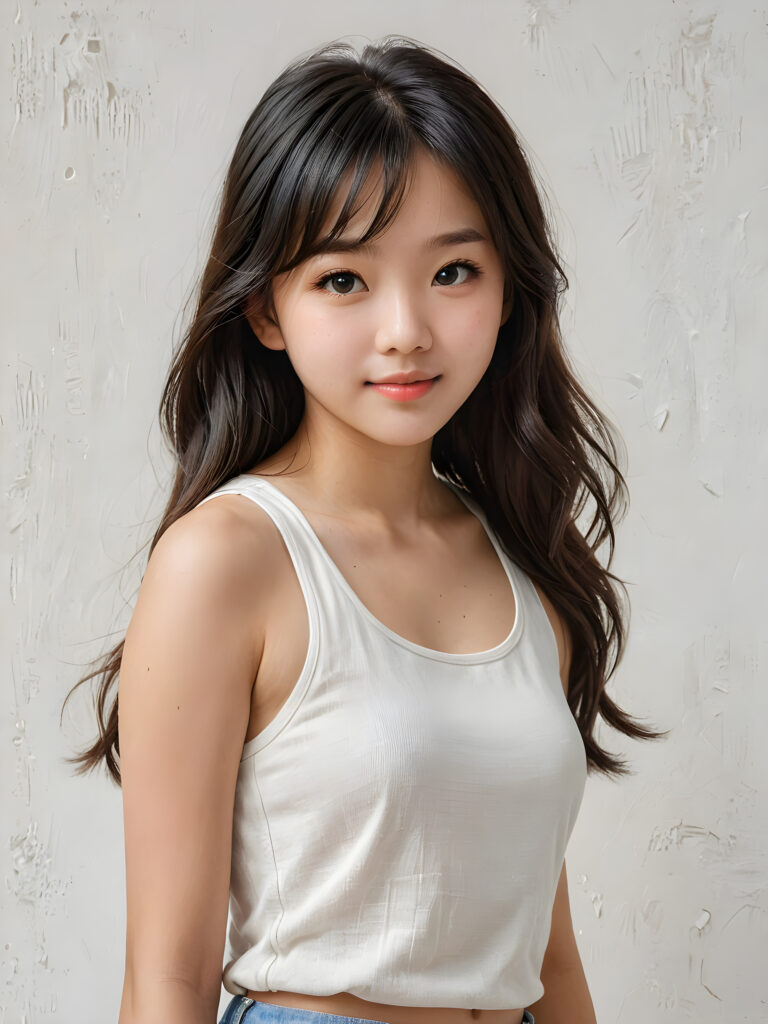 a (((breathtakingly realistic portrait))) capturing the essence of a cute youthful Korean teen girl, 15 years old, warm smile, with a flawlessly proportioned upper body, perfect curved fit body, straight, long, soft black hair in bangs cut, flawless, beautiful smooth skin, round angelic face with full kissable lips, wearing a thin and super sleek tank top, poised confidently against a (((white canvas background)))