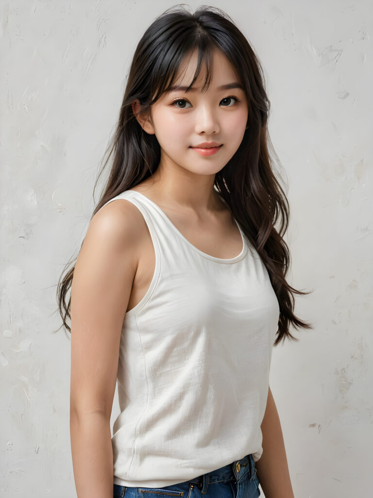 a (((breathtakingly realistic portrait))) capturing the essence of a cute youthful Korean teen girl, 15 years old, warm smile, with a flawlessly proportioned upper body, perfect curved fit body, straight, long, soft black hair in bangs cut, flawless, beautiful smooth skin, round angelic face with full kissable lips, wearing a thin and super sleek tank top, poised confidently against a (((white canvas background)))