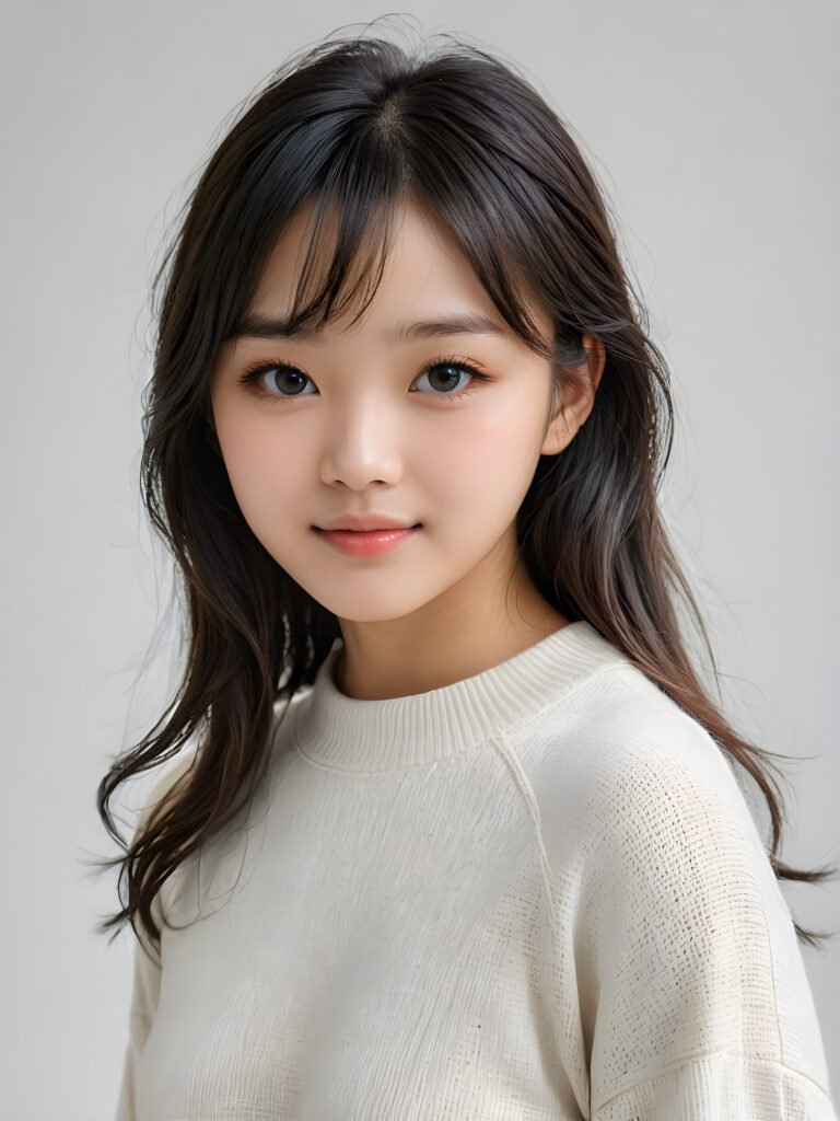 a (((breathtakingly realistic portrait))) capturing the essence of a cute youthful Korean teen girl, 15 years old, warm smile, with a flawlessly proportioned upper body, perfect curved fit body, straight, long, soft obsidian black hair in bangs cut, flawless, beautiful smooth skin, round angelic face with full kissable lips, wearing a thin and super sleek wool sweater, poised confidently against a (((white canvas background)))