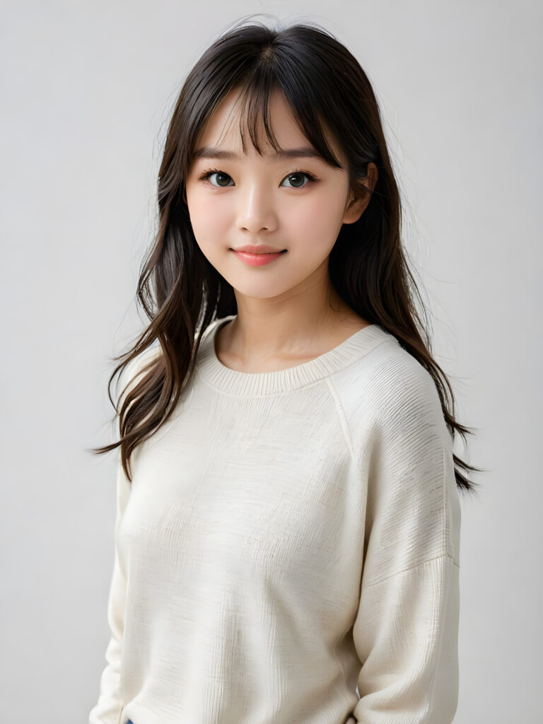 a (((breathtakingly realistic portrait))) capturing the essence of a cute youthful Korean teen girl, 15 years old, warm smile, with a flawlessly proportioned upper body, perfect curved fit body, straight, long, soft obsidian black hair in bangs cut, flawless, beautiful smooth skin, round angelic face with full kissable lips, wearing a thin and super sleek wool sweater, light blue eyes, poised confidently against a (((white canvas background)))