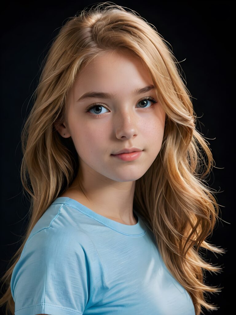 a (((breathtakingly realistic upper-body photo))) capturing a (((teenage girl))) wearing a (((light blue short t-shirt))), with long, soft, copper-blond hair and a ((black background, perfect light and shadow)), ((view from the side))