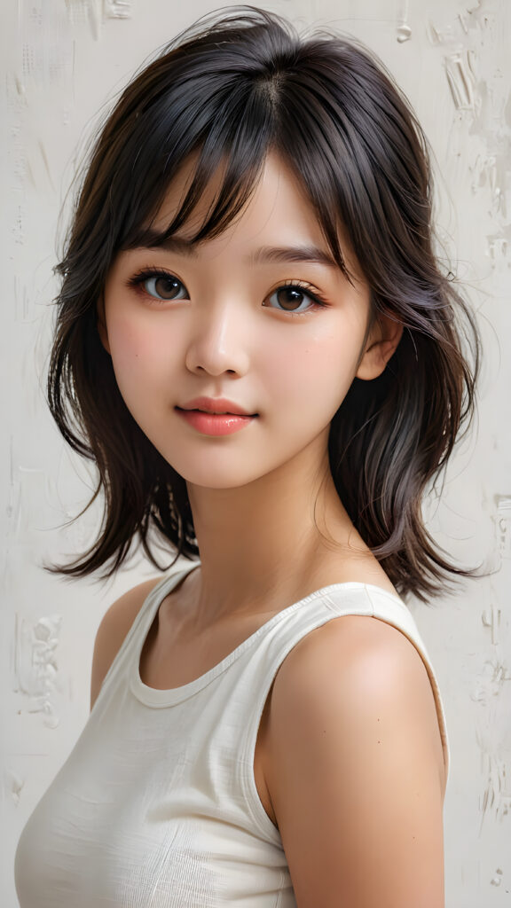 a (((breathtakingly realistic portrait))) capturing the essence of a cute youthful Korean teen girl, 15 years old, warm smile, with a flawlessly proportioned upper body, perfect curved fit body, straight, long, soft obsidian black hair in bangs cut, flawless, beautiful smooth skin, round angelic face with full kissable lips, wearing a thin and super sleek tank top, poised confidently against a (((white canvas background)))