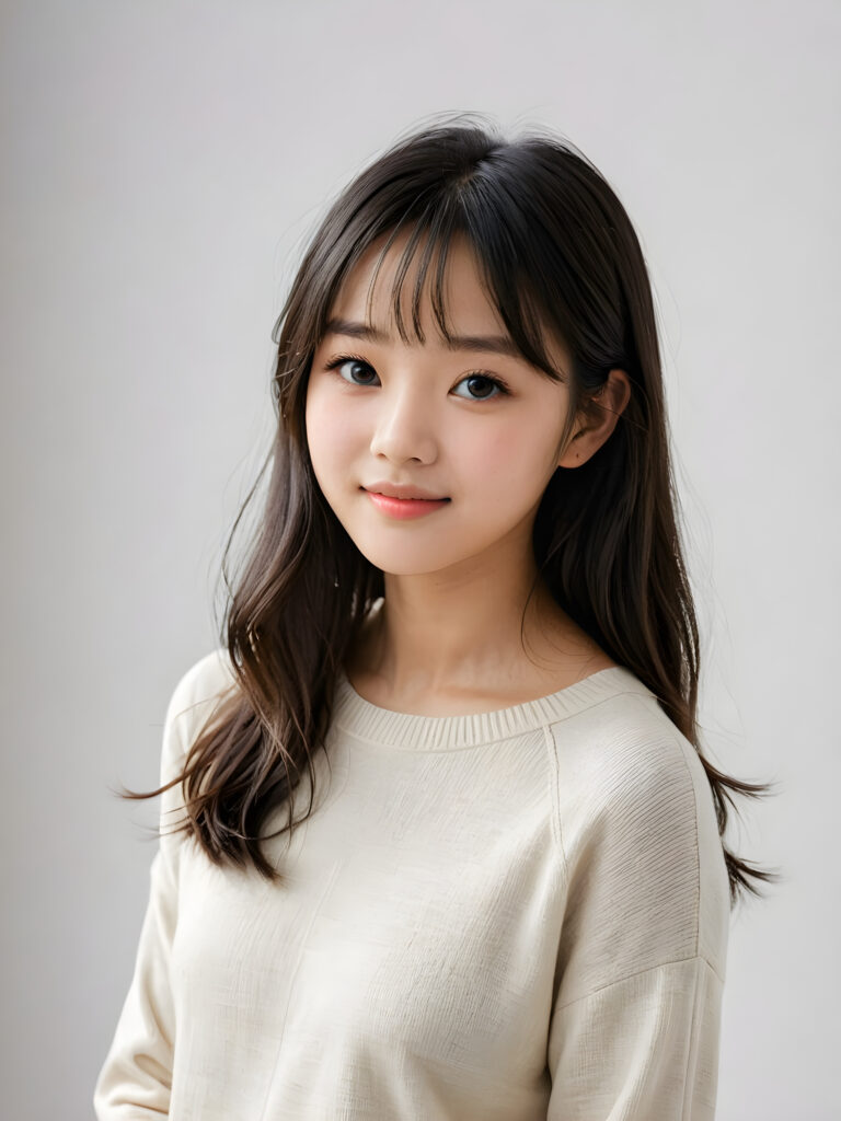 a (((breathtakingly realistic portrait))) capturing the essence of a cute youthful Korean teen girl, 15 years old, warm smile, with a flawlessly proportioned upper body, perfect curved fit body, straight, long, soft obsidian black hair in bangs cut, flawless, beautiful smooth skin, round angelic face with full kissable lips, wearing a thin and super sleek wool sweater, light blue eyes, poised confidently against a (((white canvas background)))