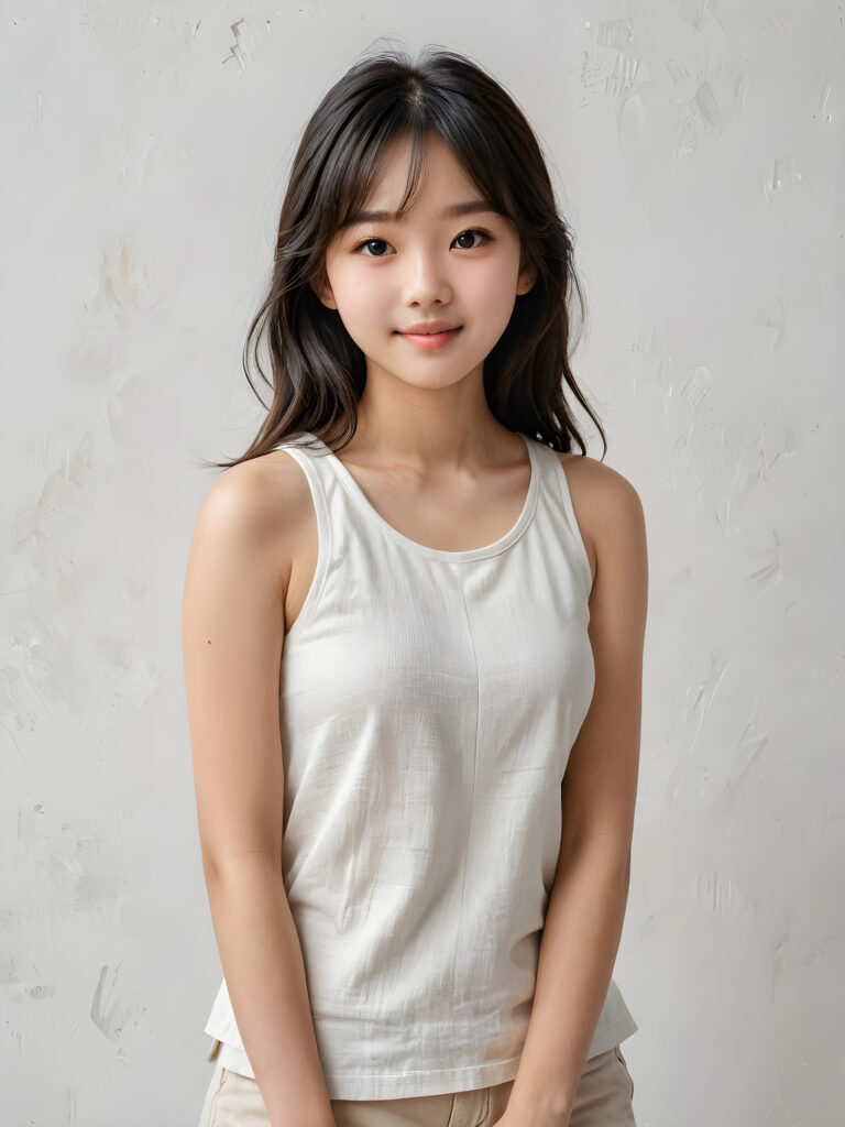 a (((breathtakingly realistic portrait))) capturing the essence of a cute youthful Korean teen girl, 15 years old, warm smile, with a flawlessly proportioned upper body, perfect curved fit body, straight, long, soft black hair in bangs cut, flawless, beautiful smooth skin, round angelic face with full kissable lips, wearing a thin and super sleek tank top, poised confidently against a (((white canvas background)))