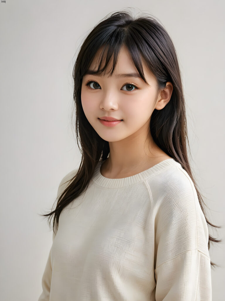 a (((breathtakingly realistic portrait))) capturing the essence of a cute youthful Korean teen girl, 15 years old, warm smile, with a flawlessly proportioned upper body, perfect curved fit body, straight, long, soft obsidian black hair in bangs cut, flawless, beautiful smooth skin, round angelic face with full kissable lips, wearing a thin and super sleek wool sweater, poised confidently against a (((white canvas background)))