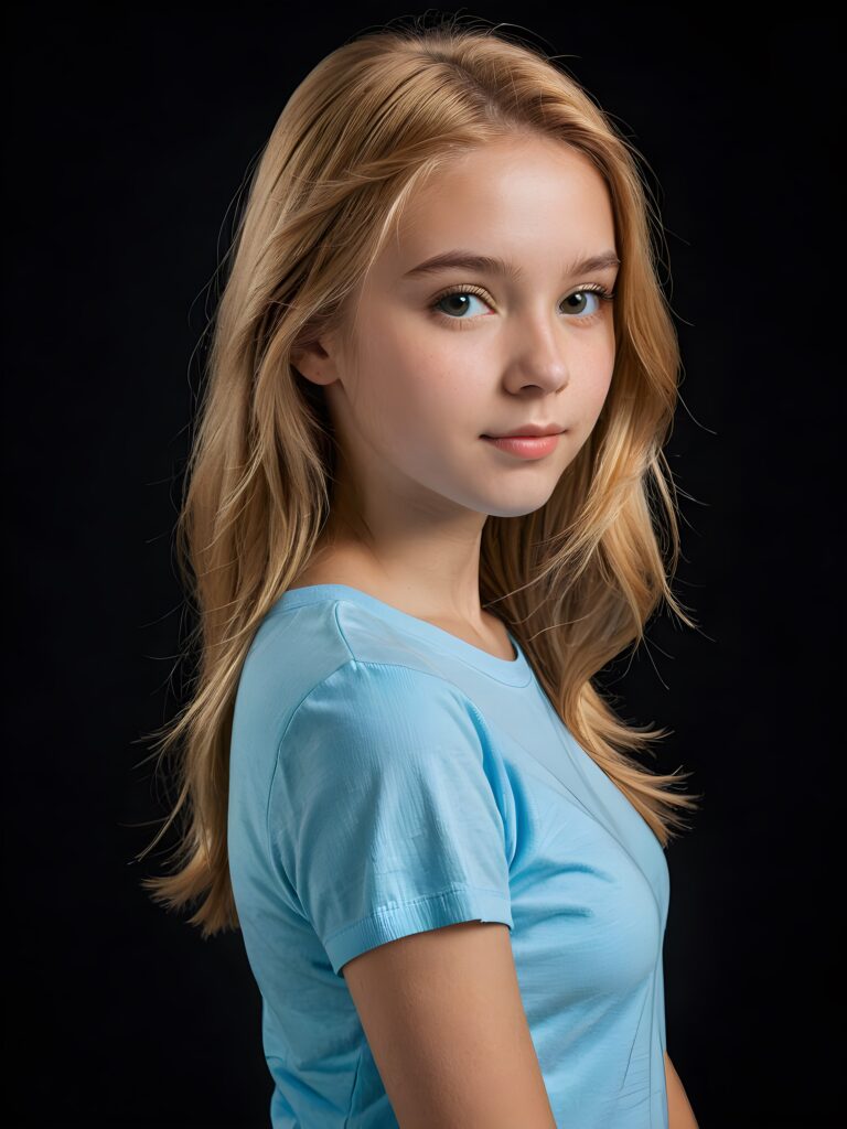 a (((breathtakingly realistic upper-body photo))) capturing a (((teenage girl))) wearing a (((light blue short t-shirt))), with long, soft, copper-blond hair and a ((black background, perfect light and shadow)), ((view from the side))