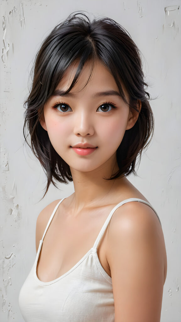 a (((breathtakingly realistic portrait))) capturing the essence of a cute youthful Korean teen girl, 15 years old, warm smile, with a flawlessly proportioned upper body, perfect curved fit body, straight, long, soft obsidian black hair in bangs cut, flawless, beautiful smooth skin, round angelic face with full kissable lips, wearing a thin and super sleek tank top, poised confidently against a (((white canvas background)))