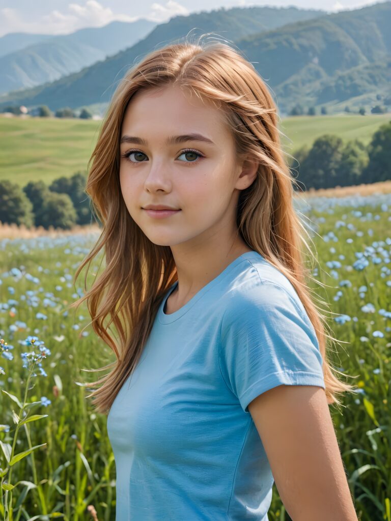 a (((breathtakingly realistic upper-body photo))) capturing a (((teenage girl))) wearing a (((light blue short t-shirt))), with long, soft, copper-blond hair and a (serene meadow as the backdrop) ((view from the side))