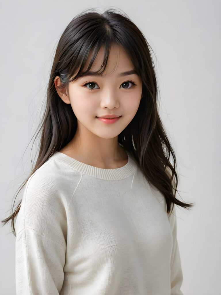 a (((breathtakingly realistic portrait))) capturing the essence of a cute youthful Korean teen girl, 15 years old, warm smile, with a flawlessly proportioned upper body, perfect curved fit body, straight, long, soft obsidian black hair in bangs cut, flawless, beautiful smooth skin, round angelic face with full kissable lips, wearing a thin and super sleek wool sweater, light blue eyes, poised confidently against a (((white canvas background)))