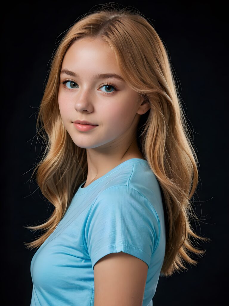 a (((breathtakingly realistic upper-body photo))) capturing a (((teenage girl))) wearing a (((light blue short t-shirt))), with long, soft, copper-blond hair and a ((black background, perfect light and shadow)), ((view from the side))