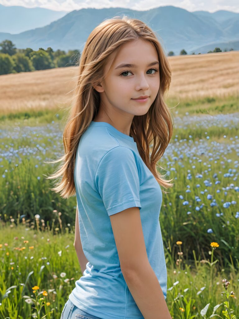 a (((breathtakingly realistic upper-body photo))) capturing a (((teenage girl))) wearing a (((light blue short t-shirt))), with long, soft, copper-blond hair and a (serene meadow as the backdrop) ((view from the side))