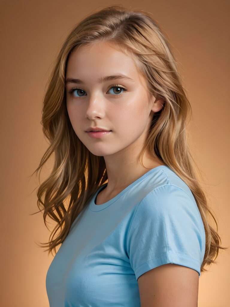 a (((breathtakingly realistic upper-body photo))) capturing a (((teenage girl))) wearing a (((light blue short t-shirt))), with long, soft, copper-blond hair and a ((amber background, perfect light and shadow)), ((view from the side))