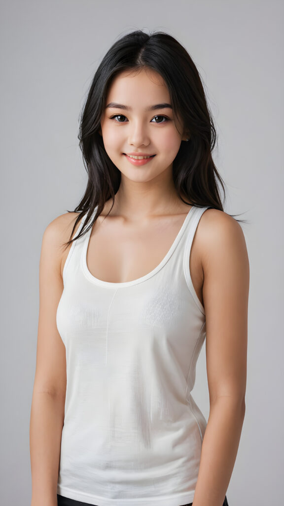 a (((breathtakingly realistic portrait))) capturing the essence of a cute youthful teen girl, 15 years old, warm smile, with a flawlessly proportioned upper body, perfect curved fit body, ((straight, long, soft obsidian black hair)), flawless, beautiful smooth skin, round angelic face with full kissable lips, wearing a thin and super sleek tank top, poised confidently against a (((white canvas background)))