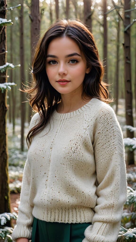 a (((breathtakingly realistic beautiful teenage girl))) dressed in thin wool sweater with flowing, brown sleek straight hair, standing in a (((winter forest))), her features and complexion mirroring the serene wonder of a softly falling winter scene, perfect formed fit body, perfect shadown and lights