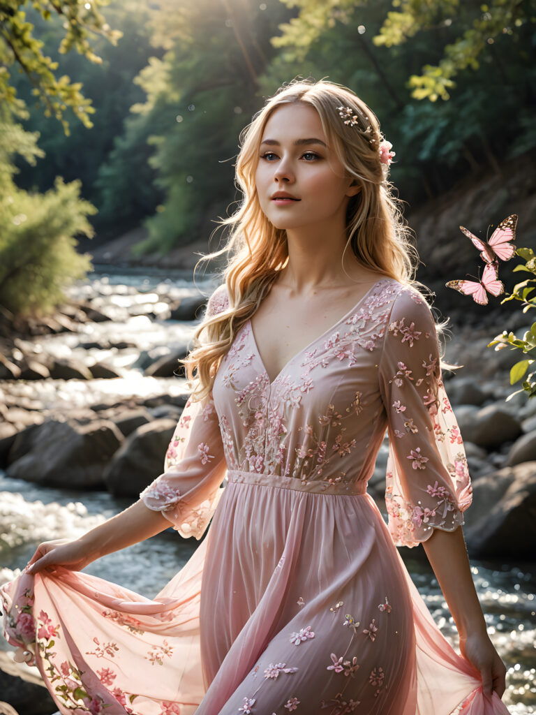 a (((breathtakingly beautiful girl))), with a (((soft, melancholic expression))), standing serenely by a (((flowing river))), where her long, blonde locks gracefully dance with the current, framed by a delicate, flowing dress adorned with a ((delicate pink floral pattern)) that shimmers in the sunlight, with tiny droplets of sparkling water reflecting off her face and flowing hair and butterflies fluttering around