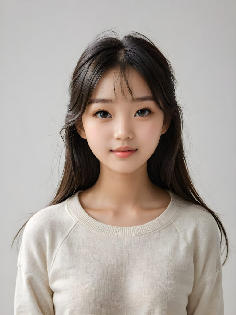 a (((breathtakingly realistic portrait))) capturing the essence of a cute youthful Korean teen girl, 15 years old, warm smile, with a flawlessly proportioned upper body, perfect curved fit body, straight, long, soft obsidian black hair in bangs cut, flawless, beautiful smooth skin, round angelic face with full kissable lips, wearing a thin and super sleek wool sweater, poised confidently against a (((white canvas background)))