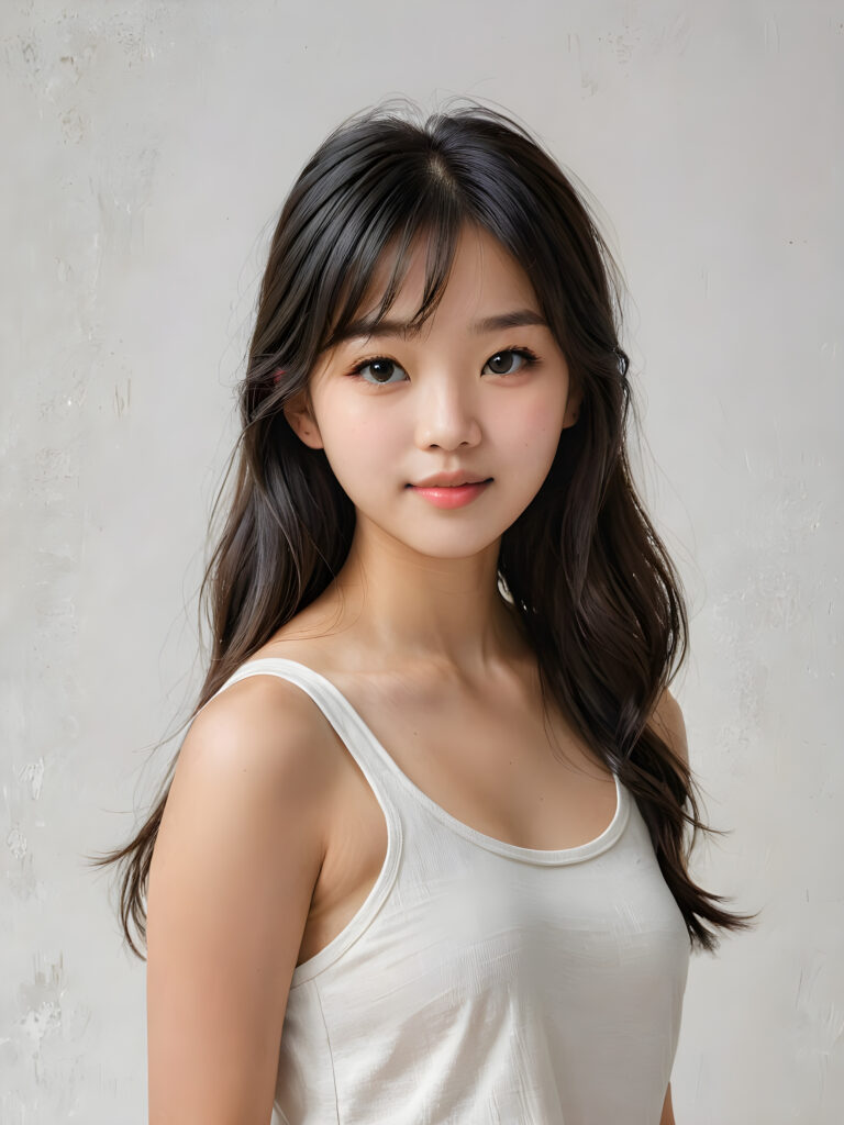 a (((breathtakingly realistic portrait))) capturing the essence of a cute youthful Korean teen girl, 15 years old, warm smile, with a flawlessly proportioned upper body, perfect curved fit body, straight, long, soft black hair in bangs cut, flawless, beautiful smooth skin, round angelic face with full kissable lips, wearing a thin and super sleek tank top, poised confidently against a (((white canvas background)))