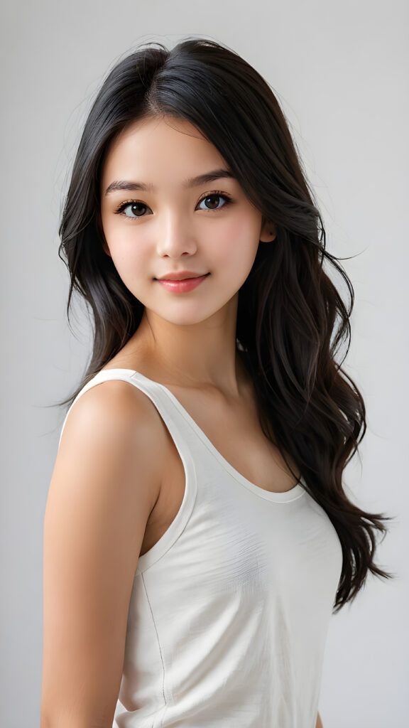 a (((breathtakingly realistic portrait))) capturing the essence of a cute youthful teen girl, 15 years old, warm smile, with a flawlessly proportioned upper body, perfect curved fit body, ((straight, long, soft obsidian black hair)), flawless, beautiful smooth skin, round angelic face with full kissable lips, wearing a thin and super sleek tank top, poised confidently against a (((white canvas background)))