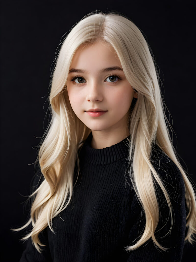 a breathtakingly (((detailed and realistic)) photograph of a young girl, 13 years old, with luxurious, jet-thick, straight long white hair and side-swept bangs, exuding an air of sophistication, framed by a round face, wearing a finely knitted wool sweater against a soft (((black backdrop)))