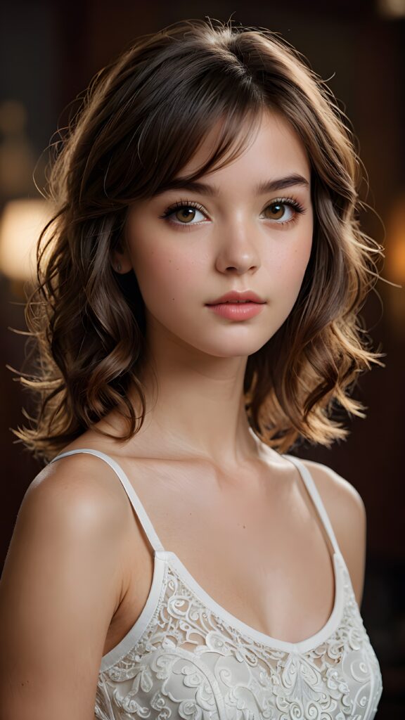 a breathtakingly detailed and advanced (((masterpiece))), a 15-year-old (((cute))) and elegant ((attractive female model)) with intricate hairstyle featuring soft, wavy bangs cut and sleek, detailed curls around her forehead, striking white short tank top that highlights her perfect, curved body, advanced realism bringing out every detail from her ultra realistic, exotic facial features with beautifully detailed, contrasting realistic amber eyes, down to her ultra detailed, highly defined, skinny hands and feet, all captured in an ultra high resolution image with advanced, advanced lighting techniques like sharp focus on her face while blurring the background for a sense of depth, giving off a vintage vibe with a hint of modern elegance