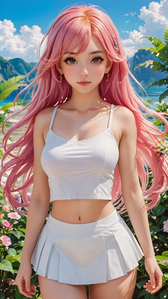 a breathtakingly beautiful (((portrait))), featuring a (((stunning girl, pink hair))) with intricate, details-filled ((long, straight soft hair)) cascading down her back in a sleek, flowing style against a (summery backdrop), she wears a (white short crop tank top) and a (round super short mini skirt)