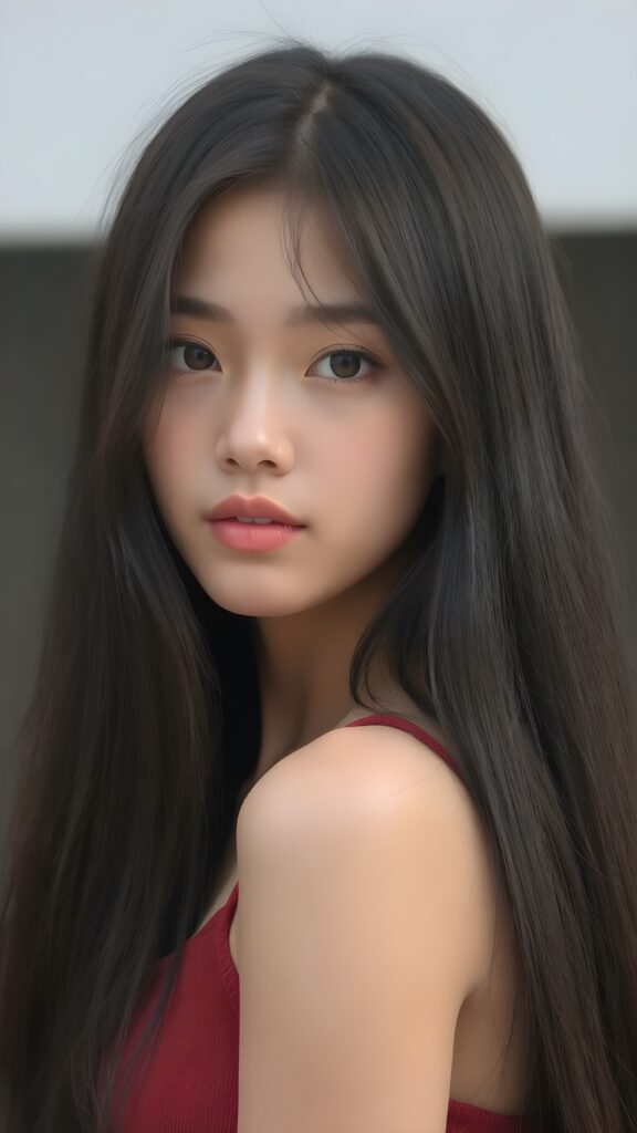 a breathtakingly realistic and detailed portrayal of a cute (((Vietnamese teenage girl))), flawlessly smooth skin, with intricate details and exquisite features, her (((long silky smooth straight black soft hair, her hair reaches down to her waist))) is luxuriously detailed, reflecting soft dimmed light, around her (round face and kissable lips) with its (perfectly rounded contours) and (detailed, amber eyes), she wears a (super short tight crop tank top) that showcases her (flawlessly proportioned upper body), (natural backdrop) ((side view))