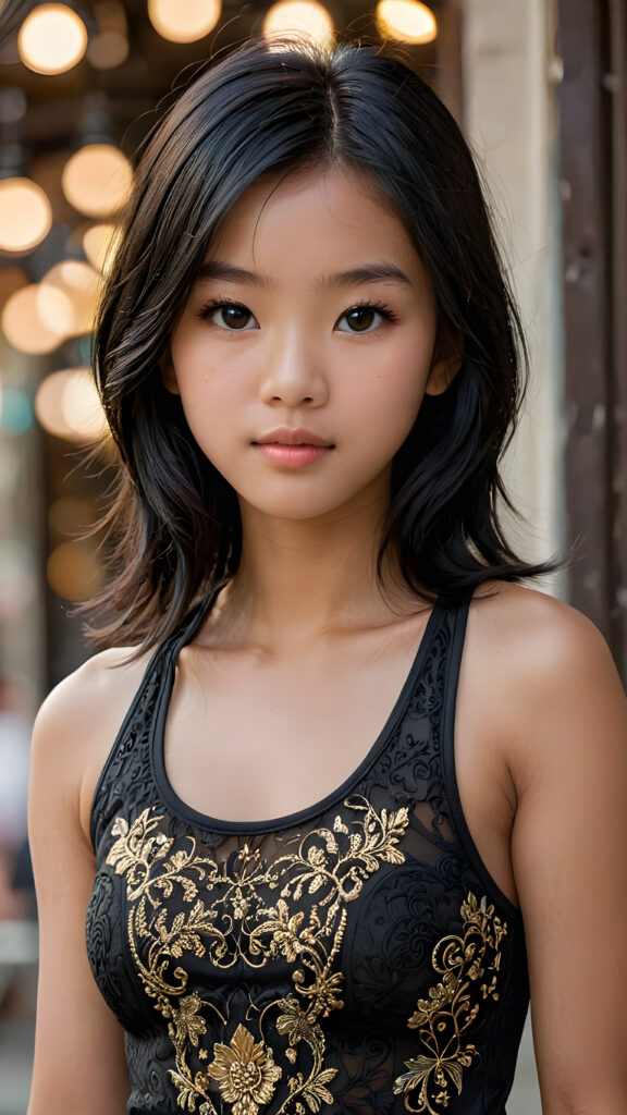 a breathtakingly realistic portrayal of a (((Asian Vietnamese teenage girl))) with intricate details and exquisite features, her (((straight black soft hair))) is luxuriously detailed, reflecting soft, (dimmed light) around her (13-year-old face) with its (perfectly rounded contours) and (detailed, brown eyes), she wears a super short, tight (grey tank top) that showcases her (flawlessly proportioned upper body)