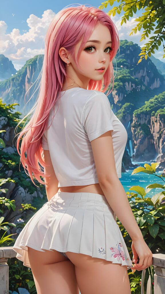 a breathtakingly beautiful (((portrait))), featuring a (((stunning girl, pink hair))) with intricate, details-filled ((long, straight soft hair)) cascading down her back in a sleek, flowing style against a (summery backdrop), she wears a (white short crop tank top) and a (round super short mini skirt)