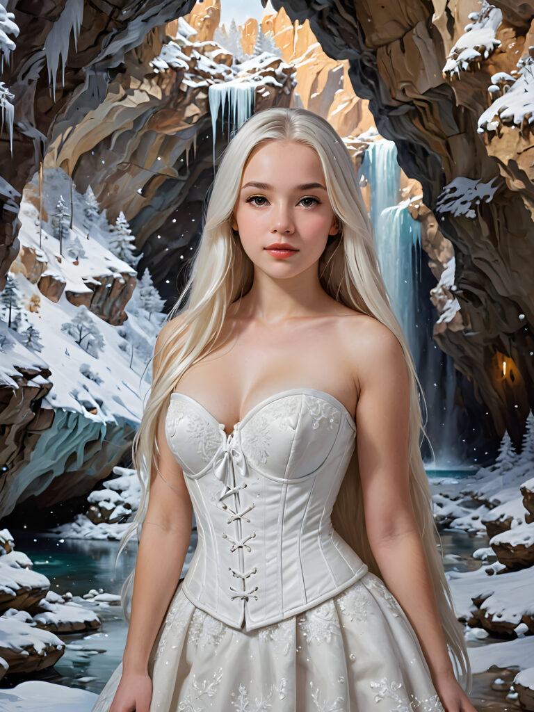 a breathtakingly beautiful ((( portrait))), capturing a youthful, busty teen girl with striking (((straight white long hair))), and a dazzling white corset, framed against a backdrop of a grand, (((snowy magical cave))), with an ethereal glow