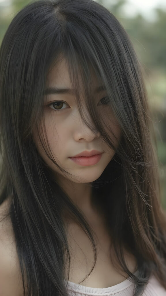 a breathtakingly realistic and detailed portrayal of a cute (((Vietnamese teenage girl))), flawlessly smooth skin, with intricate details and exquisite features, her (((long silky smooth straight black soft hair, her hair reaches down to her waist))) is luxuriously detailed, reflecting soft dimmed light, around her (round face and kissable lips) with its (perfectly rounded contours) and (detailed, amber eyes), she wears a (super short tight crop tank top) that showcases her (flawlessly proportioned upper body), (natural backdrop) ((side view))