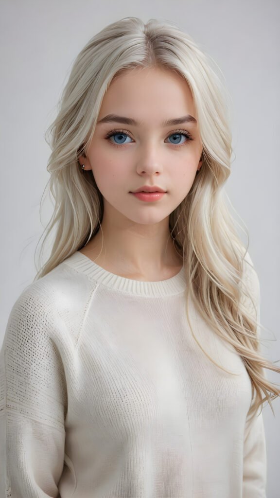 a breathtakingly realistic (((portrait))), capturing the essence of a youthful teen girl, 15 years old, with a flawlessly proportioned upper body, perfect curved fit body, long, straight, soft and sleek white hair, flawless, beautiful smooth skin, round angelic face with full kissable lips, wears a thin and super sleek wool sweater, light blue eyes, posed confidently before the viewer, ((a white canvas as a background))