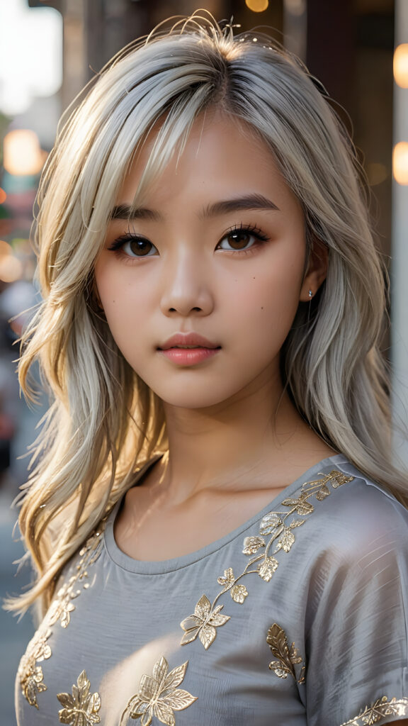 a breathtakingly realistic portrayal of a (((Asian teenage girl))) with intricate details and exquisite features. Her (((straight platinum hair))) is luxuriously detailed, reflecting soft, (golden light) around her (13-year-old face) with its (perfectly rounded contours) and (detailed, brown eyes) that sparkle with warmth. She wears a super short, tight (grey shirt) that showcases her (flawlessly proportioned upper body), capturing the essence of youthful beauty and realism