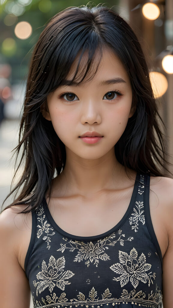 a breathtakingly realistic portrayal of a (((Asian Korean teenage girl))) with intricate details and exquisite features, her (((straight black soft hair))) is luxuriously detailed, reflecting soft, (dimmed light) around her (13-year-old face) with its (perfectly rounded contours) and (detailed, brown eyes), she wears a super short, tight (grey tank top) that showcases her (flawlessly proportioned upper body)