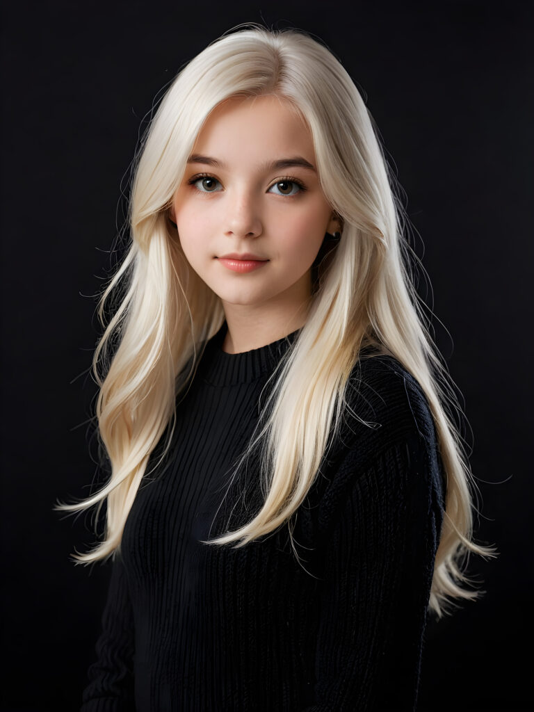 a breathtakingly (((detailed and realistic)) photograph of a young girl, 13 years old, with luxurious, jet-thick, straight long white hair and side-swept bangs, exuding an air of sophistication, framed by a round face, wearing a finely knitted wool sweater against a soft (((black backdrop)))