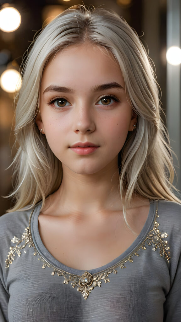 a breathtakingly realistic portrayal of a (((teenage girl))) with intricate details and exquisite features. Her (((straight platinum hair))) is luxuriously detailed, reflecting soft, (golden light) around her (13-year-old face) with its (perfectly rounded contours) and (detailed, brown eyes) that sparkle with warmth. She wears a super short, tight (grey shirt) that showcases her (flawlessly proportioned upper body), capturing the essence of youthful beauty and realism