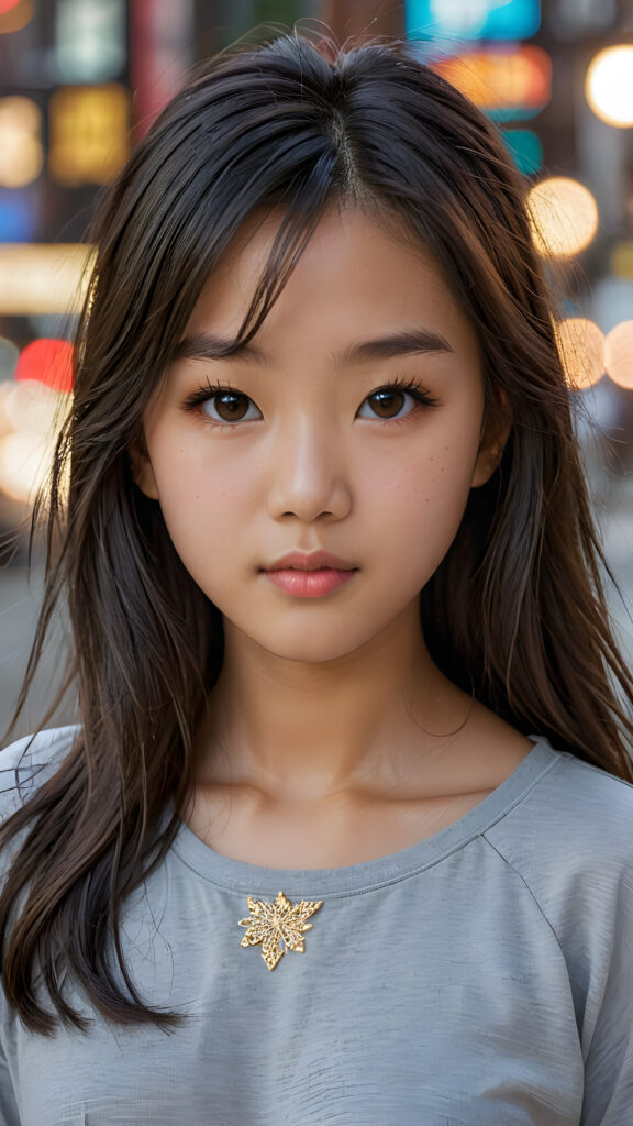 a breathtakingly realistic portrayal of a (((Asian teenage girl))) with intricate details and exquisite features. Her (((straight soft hair))) is luxuriously detailed, reflecting soft, (dimmed light) around her (13-year-old face) with its (perfectly rounded contours) and (detailed, brown eyes) that sparkle with warmth. She wears a super short, tight (grey t-shirt) that showcases her (flawlessly proportioned upper body), capturing the essence of youthful beauty and realism