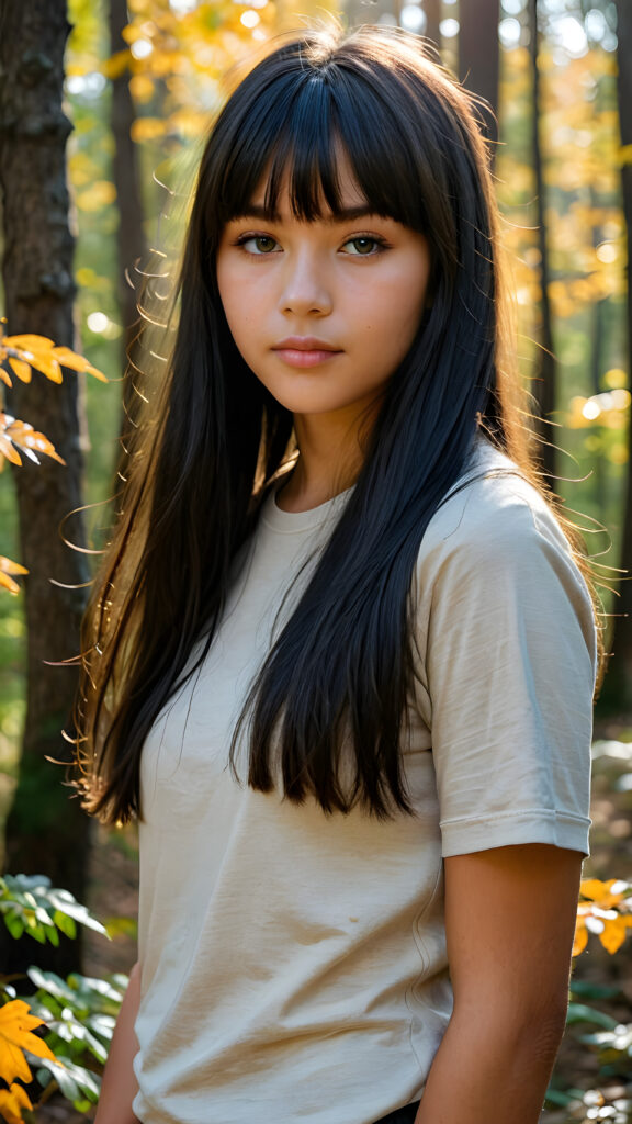 a breathtakingly beautiful natural (((15-year-old girl))) with warm amber eyes and luxuriously thick (((obsidian black long smooth straight hair, bangs))), full lips, ((wears a light brown form-fitting plain t-shirt that support her perfect body, stands in an autumnal forest))