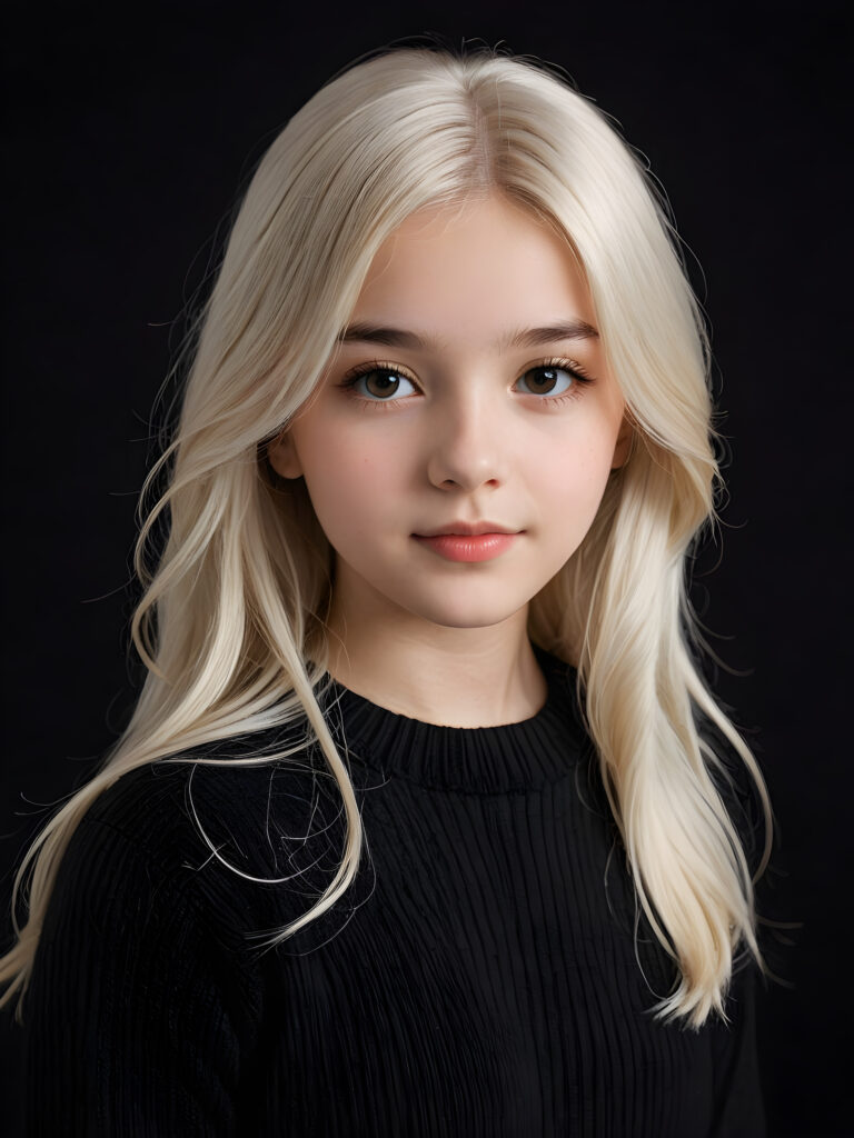 a breathtakingly (((detailed and realistic)) photograph of a young girl, 13 years old, with luxurious, jet-thick, straight long white hair and side-swept bangs, exuding an air of sophistication, framed by a round face, wearing a finely knitted wool sweater against a soft (((black backdrop)))