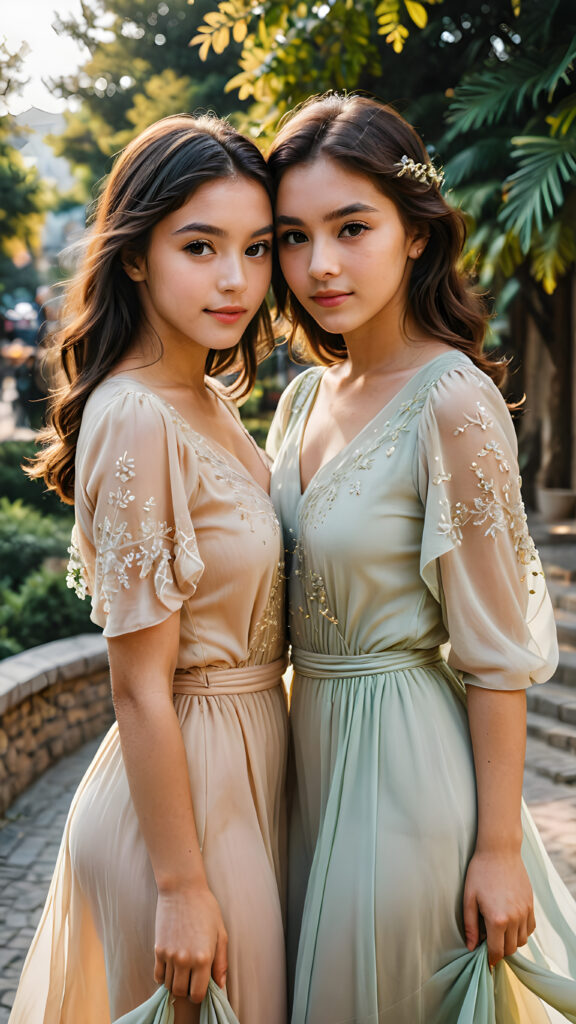 a breathtakingly poised group of two effortlessly confident young women, with striking brown eyes that draw the viewer in, standing side by side with their arms wrapped around each other's waists, dressed in flowing, Simple chiffon dresses in rich, sun-kissed hues against a (vividly backdrop)