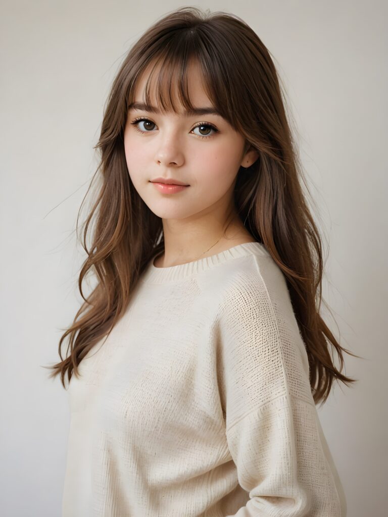 a breathtakingly realistic (((portrait))), capturing the essence of a youthful teen girl with a flawlessly proportioned upper body, long, straight soft hair, bangs cut, aged 15, wears a thin sweater, posed confidently before the viewer, ((a white canvas as a background)), ((side view))