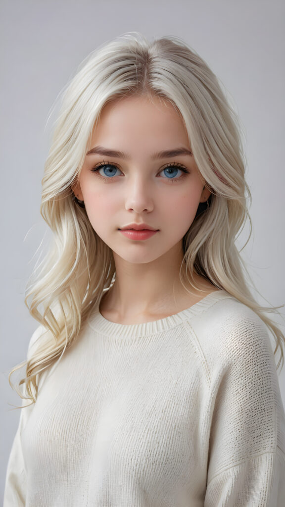 a breathtakingly realistic (((portrait))), capturing the essence of a youthful teen girl, 15 years old, with a flawlessly proportioned upper body, perfect curved fit body, long, straight, soft and sleek white hair, flawless, beautiful smooth skin, round angelic face with full kissable lips, wears a thin and super sleek wool sweater, light blue eyes, posed confidently before the viewer, ((a white canvas as a background))