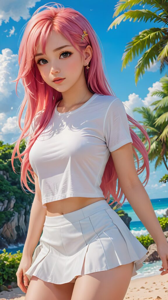 a breathtakingly beautiful (((portrait))), featuring a (((stunning girl, pink hair))) with intricate, details-filled ((long, straight soft hair)) cascading down her back in a sleek, flowing style against a (summery backdrop), she wears a (white short crop tank top) and a (round super short mini skirt)