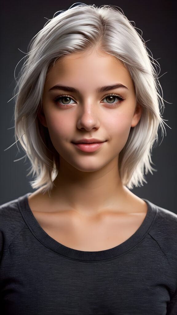 a breathtakingly realistic upper body portrait of a (((teenage girl))) with intricate platinum-white hair and striking, realistically detailed brown eyes, gazing confidently at the camera with a warm smile, her flawlessly proportioned figure on full display in a super short, sleek grey top that accentuates every curve