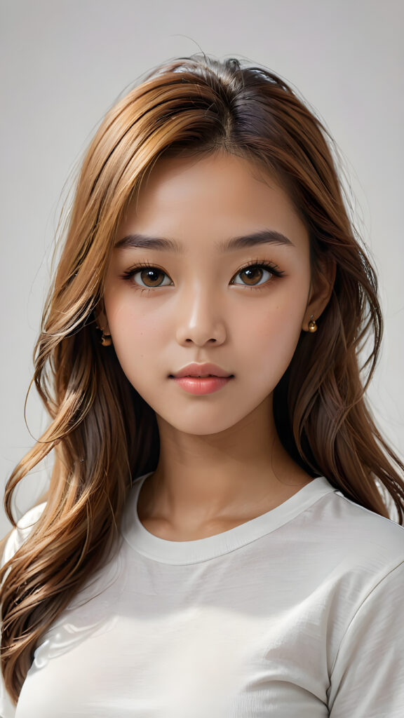 a breathtakingly (((realistic portrait))), capturing the essence of youthful beauty, featuring a (((Burmese teen girl))) who exudes (((serene elegance))), with long, flowing (((straight hazelnut hair))), and a (((flawlessly detailed angelic face))), where her (((soft, realistic hazelnut eyes)) ) gaze sadly towards the viewer from a (side perspective). She is clad in a (super short, sharply tailored (((white T-shirt))), cut from thin silk), with flawless anatomical proportions that draw the eye, against a (subtle, uncluttered backdrop of white). The overall atmosphere evokes a (cinematic sophistication) that exudes timeless appeal