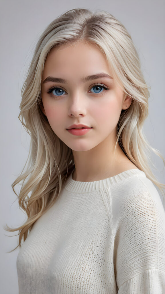 a breathtakingly realistic (((portrait))), capturing the essence of a youthful teen girl, 15 years old, with a flawlessly proportioned upper body, perfect curved fit body, long, straight, soft and sleek white hair, flawless, beautiful smooth skin, round angelic face with full kissable lips, wears a thin and super sleek wool sweater, light blue eyes, posed confidently before the viewer, ((a white canvas as a background))