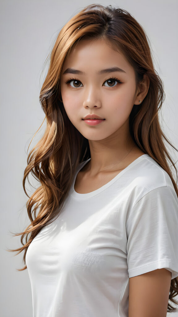 a breathtakingly (((realistic portrait))), capturing the essence of youthful beauty, featuring a (((Burmese teen girl))) who exudes (((serene elegance))), with long, flowing (((straight hazelnut hair))), and a (((flawlessly detailed angelic face))), where her (((soft, realistic hazelnut eyes)) ) gaze sadly towards the viewer from a (side perspective). She is clad in a (super short, sharply tailored (((white T-shirt))), cut from thin silk), with flawless anatomical proportions that draw the eye, against a (subtle, uncluttered backdrop of white). The overall atmosphere evokes a (cinematic sophistication) that exudes timeless appeal