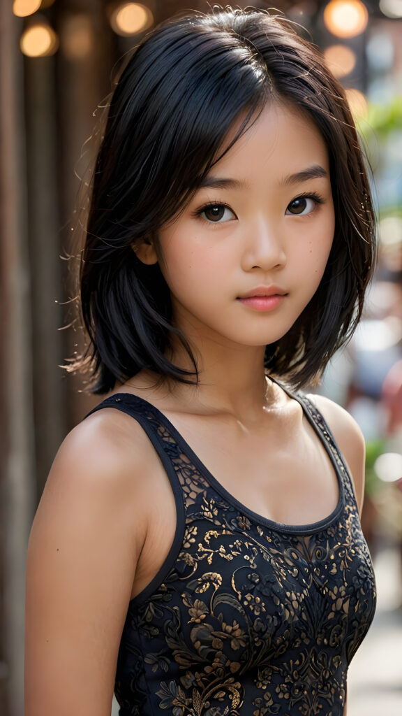 a breathtakingly realistic portrayal of a (((Asian Vietnamese teenage girl))) with intricate details and exquisite features, her (((straight black soft hair))) is luxuriously detailed, reflecting soft, (dimmed light) around her (13-year-old face) with its (perfectly rounded contours) and (detailed, brown eyes), she wears a super short, tight (grey tank top) that showcases her (flawlessly proportioned upper body)