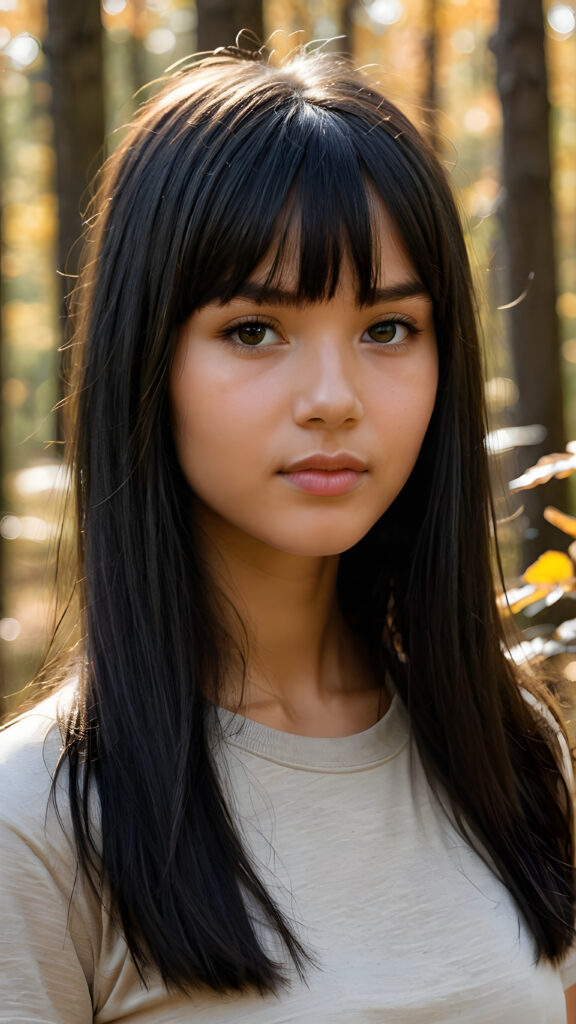 a breathtakingly beautiful natural (((15-year-old girl))) with warm amber eyes and luxuriously thick (((obsidian black long smooth straight hair, bangs))), full lips, ((wears a light brown form-fitting plain t-shirt that support her perfect body, stands in an autumnal forest))